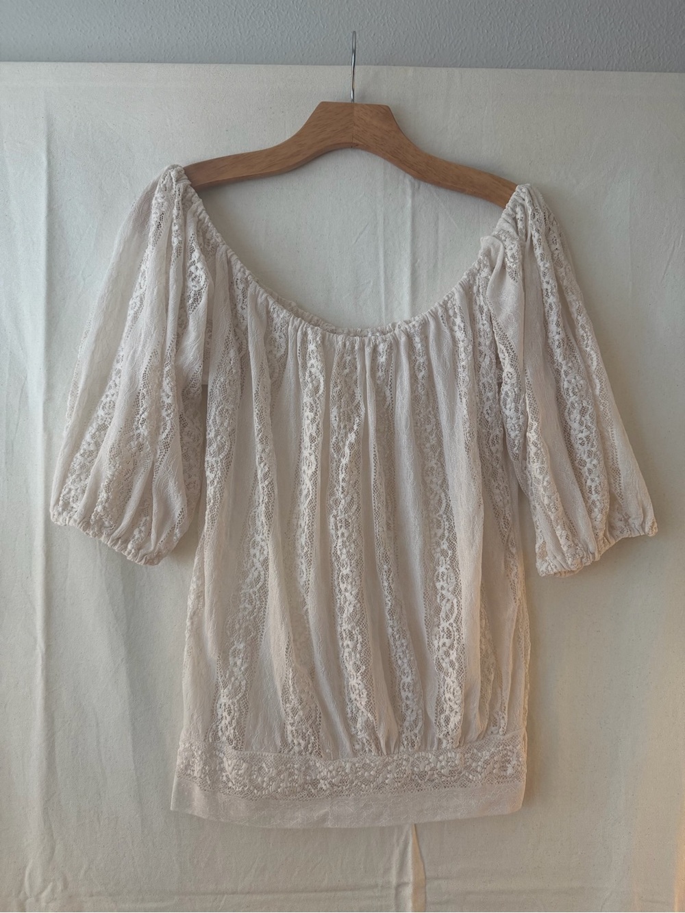 Off-Shoulder Cream Lace Peasant Blouse